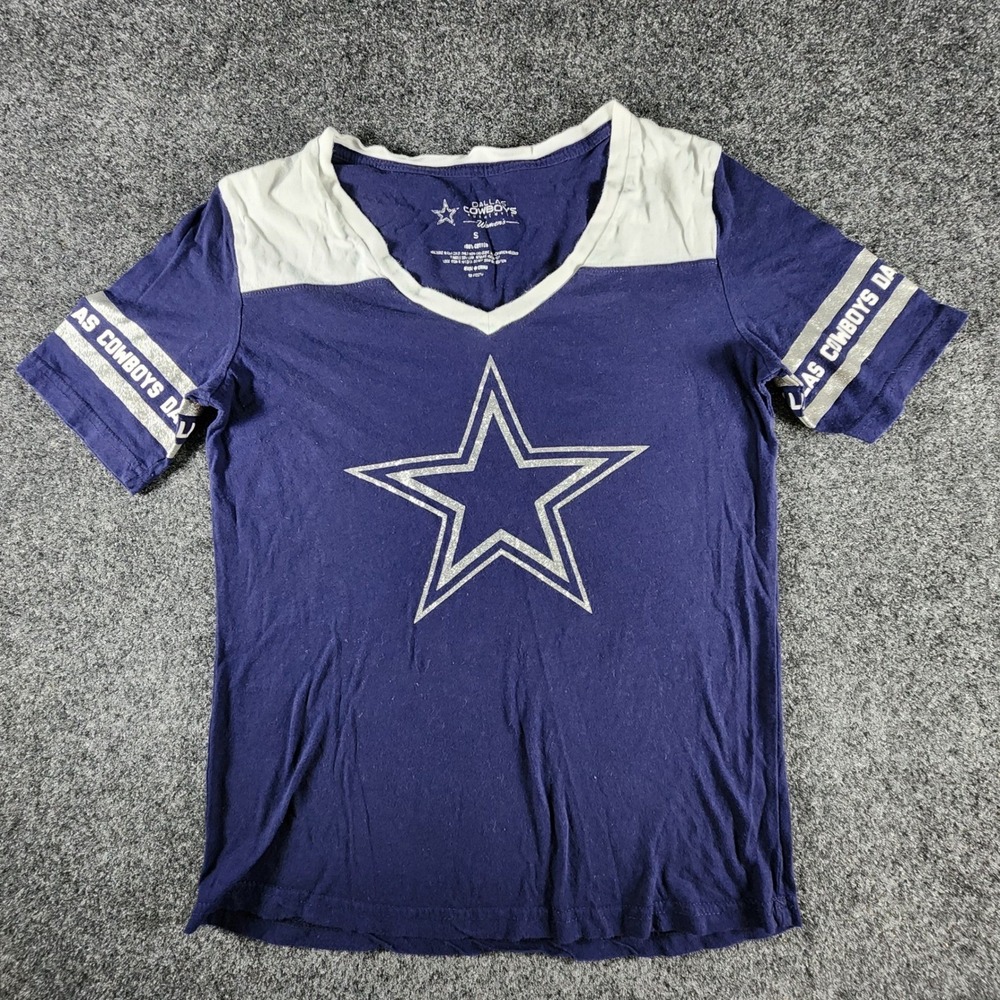 Dallas Cowboys Womens T-Shirt Navy Blue Silver Glitter Star V-Neck Size S‎ NFL